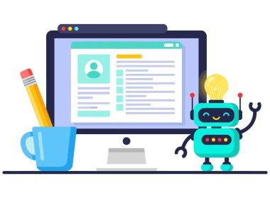 Şirin bir robot asistan bilgisayar işinde yardımcı oluyor. Robot, profil sayfası olan bir bilgisayarın yanında duruyor. Vektör illüstrasyonu, düz tasarım.