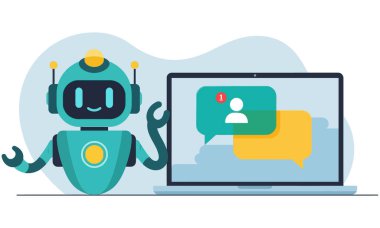 Dost canlısı bir robot asistanı çevrimiçi iletişimde yardımcı oluyor. Robot sohbet baloncukları olan bir dizüstü bilgisayarın yanında duruyor. Vektör illüstrasyonu, düz tasarım.