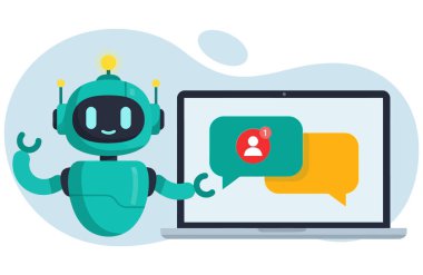 Bir sohbet robotu asistanına dizüstü bilgisayar ve tebligat gösterilir. Bu teknolojinin hayatımızda bize nasıl yardımcı olabileceğinin ve iletişim kurmamızı nasıl kolaylaştıracağının harika bir örneği..