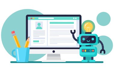 Kafasında ampul olan bir robot bilgisayarın yanında duruyor. Robot bilgisayar ekranına bakıyor. Robot dost canlısı ve yardımsever bir asistan..