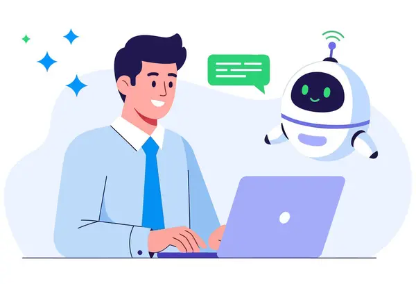 Robot asistanıyla birlikte dizüstü bilgisayar kullanan bir adam çalışmanın ve yapay zekanın geleceğini temsil ediyor. Kolay kullanım için beyaz bir arkaplanda izole.