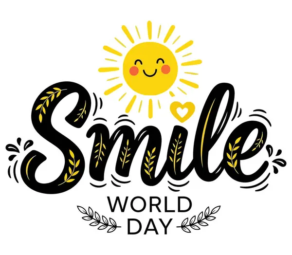 Gülen Dünya Günü tipografisi güneş ve kalple mutluluk ve pozitifliği sembolize eder. Bu görüntü neşeyi, kutlamayı ve iyiliğin önemini temsil ediyor..