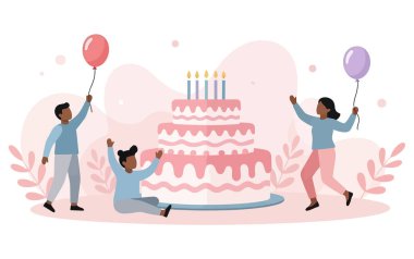 Bir grup arkadaş büyük bir pasta ve renkli balonlarla doğum gününü kutluyorlar. Bu özel anı paylaştıkları için mutlu ve heyecanlılar. Vektör illüstrasyonu.