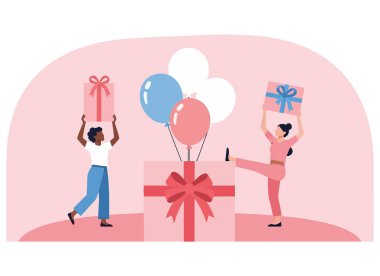 İki kişi hediyeler ve balonlarla kutlama yapıyor. Görüntü, özel bir olay sırasında neşe, mutluluk ve birlikteliği temsil eder..