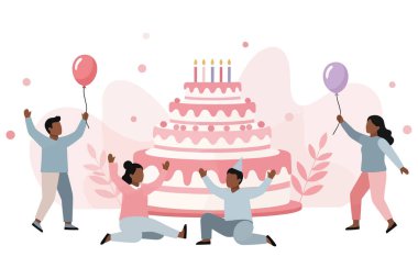 Doğum gününü pastayla kutlayan bir grup insan. Görüntü neşeyi, mutluluğu ve birlikteliği temsil ediyor. Beyaz arka planda izole edilmiş. Vektör illüstrasyonu.