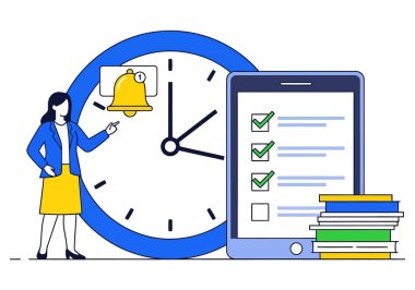 Bir kadın saat, alarm ve mobil cihazla zaman ve görevleri yönetir. Aygıt tamamlanmış görevleri gösteren bir kontrol listesi gösterir. Yakınlarda bir yığın kitap var. Beyazda izole edilmiş.