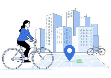 Haritada lokasyon iğnesi olan bir kadın şehirde bisiklet sürüyor. Binalar yüksek ve gökyüzü temiz. Kadın sıradan bir kıyafet giyiyor..
