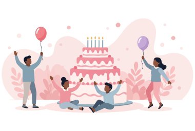 Bir grup insan pasta ve balonlarla bir doğum günü partisini kutluyorlar. Hepsi mutlu ve gülümsüyor. Pasta mumlarla süslenmiş. Vektör illüstrasyonu.