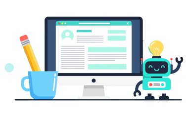Şirin bir robot web sitesi tasarımına yardım ediyor. Robot bir web sitesi şablonuyla bir bilgisayar ekranının yanında duruyor. Beyaz üzerine izole edilmiş vektör illüstrasyonu.