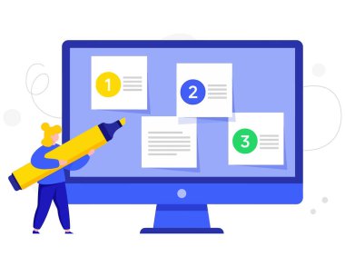 Bir kadın bilgisayar ekranında görevlerin altını çiziyor. Resim, işlem yönetimi ve iş akışı için bir görev listesi, sayılar, adımlar ve ilgili diğer unsurları gösterir.