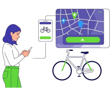 A woman uses a bike-sharing app on her phone to locate and rent a bicycle. The app shows a map with available bikes. Isolated on a clean white background.
