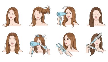 This illustration shows a hair styling tutorial. It includes a woman with long hair, a blowdryer, a straightener, and a curler. Isolated on a white background.