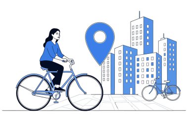 A woman rides her bicycle in the city, with a location pin indicating her destination, surrounded by buildings in this modern, illustrative vector design.