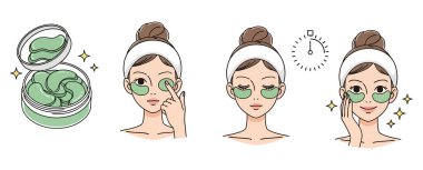 Step by step instruction of eye mask application. Skin care and beauty treatment for woman. Vector illustration isolated on a white background. Graphic design element.