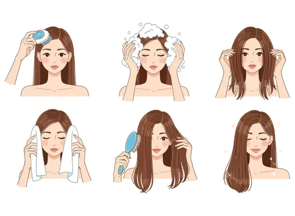 Step-by-step illustration of a woman washing her hair with shampoo. This vector graphic showcases the beauty and care routine for healthy, clean hair. Isolated on white.