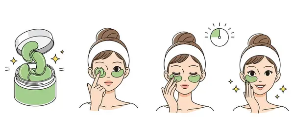 A set of illustrations showing the steps for applying under eye patches. The illustrations show a woman applying the patches and the benefits of using them.