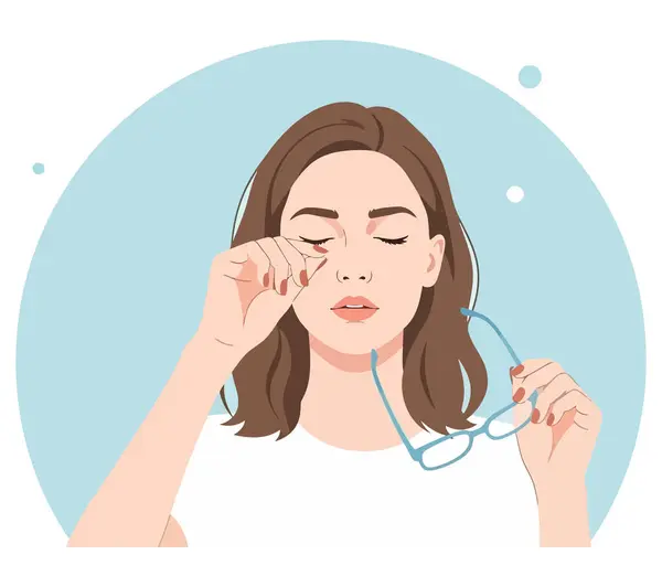 A vector illustration of a tired woman rubbing her eyes. She is holding her glasses in her other hand. The illustration is isolated on a white background and is in cartoon style.