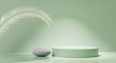 A minimal podium scene with a stone and palm leaf on a pastel green background. Perfect for product display, cosmetic, beauty, spa, zen, and nature concepts.