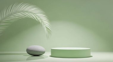 A minimal podium scene with a stone and palm leaf is perfect for product presentation. The clean background and natural elements create an elegant and modern look.