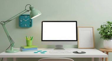 A bright and modern workspace featuring a computer mockup, lamp, clock, and plant on a clean white desk. Perfect for showcasing technology or interior design concepts.