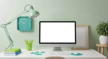 A modern and bright workspace featuring a computer mockup, lamp, clock, and various decorations arranged on a clean, white desk against a soft green wall. The scene evokes creativity.