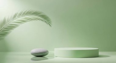 A minimalist podium with a palm leaf and stone set against a serene green background, ideal for showcasing products. This scene offers a clean and modern aesthetic for presentations.