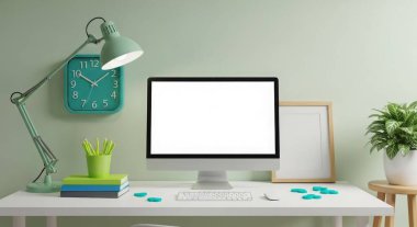 A bright and inviting workspace featuring a computer mockup, lamp, clock, and various decorations arranged on a clean, white desk against a soft green wall. The scene evokes creativity.