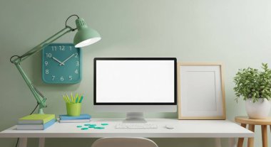 A well-lit workspace featuring a computer mockup, lamp, clock, and stationery on a desk. Ideal for showcasing modern office setups and promoting productivity.