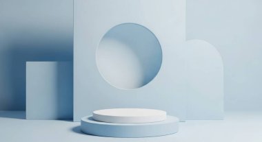 Geometrik şekilli modern bir mavi podyum, ürün sunumları için mükemmel beyaz bir zemin üzerinde duruyor. Temiz tasarımı şık ve çok yönlü bir görüntü sunuyor..