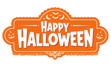 Yarasalar ve balkabaklarının yer aldığı neşeli bir turuncu Mutlu Cadılar Bayramı etiketi. Cadılar Bayramı tasarımlarına biraz klasik cazibe katmak için mükemmel. Vektör illüstrasyonu.