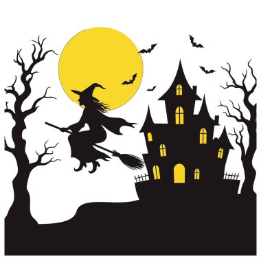 Cadılar Bayramı gecesi sahnesinde bir cadı dolunayın altında perili bir evin üzerinde süpürgeyle uçuyor. Ürkütücü tasarımlar ve tatil projeleri için vektör illüstrasyonu.
