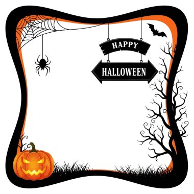 Balkabağı, örümcek, yarasa ve ürkünç ağaçtan oluşan bayram çerçevesi. Davetiyeler, dekorasyonlar ve sezonluk tasarımlar için mükemmel. Beyaz arkaplanda izole.