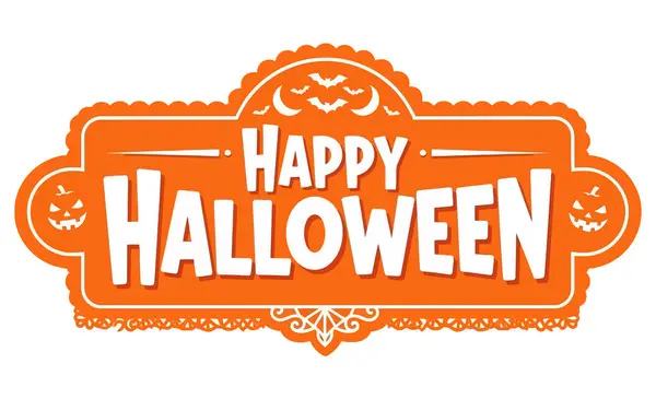 Yarasalar ve balkabaklarının yer aldığı neşeli bir turuncu Mutlu Cadılar Bayramı etiketi. Cadılar Bayramı tasarımlarına biraz klasik cazibe katmak için mükemmel. Vektör illüstrasyonu.