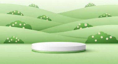 Minimalist bir podyum zarif bir şekilde yeşil tepelerin zeminine karşı duruyor, dinginlik ve doğal güzellik hissi uyandırıyor, zarif ürünleri sergilemek için ideal..