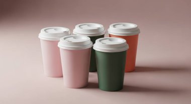 Pembe arkaplan üzerine kurulmuş renkli kağıt kahve fincanları. Marka modellemeleri, kahve dükkanları ve işletmeler için vitrin tasarımları için mükemmel..