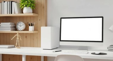 Bilgisayarı, kırtasiyesi ve masası olan modern bir çalışma alanı. Arka plan beyaz, üretken bir çalışma alanı için temiz ve minimalist bir estetik oluşturuyor..