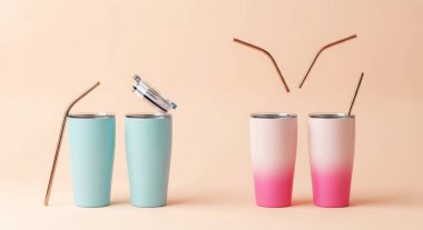 Pipet ve kapaklı renkli taklalar, içki takımı ürünlerini sergilemek için mükemmel. Paslanmaz çelik bardaklar izole edilmiş ve sıcak ve soğuk içecekler için yeniden kullanılabilir..