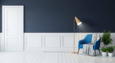 Mavi bir koltuk, modern bir lamba ve beyaz zemin ve duvarda yeşil bitkilerin bulunduğu zarif bir oturma odası. Şık ve rahat bir ev dekorasyonu sergilemek için mükemmel..