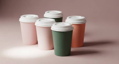 Pembe arka planı olan renkli kahve fincanları. Marka modellemesi için kağıt ya da plastik içecek kutuları. Kafe, dükkan ya da restoran için paket içecek..