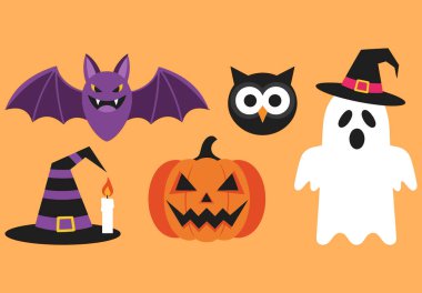 Cadılar Bayramı karakterleri arasında yarasa, baykuş, balkabağı, hayalet ve turuncu arka planda cadı şapkası var. Cadılar Bayramı temalı tasarımlar ve dekorasyonlar için mükemmel.