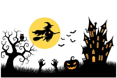 Bir cadının uçtuğu ürkütücü bir Cadılar Bayramı sahnesi, perili bir ev ve balkabağı, hepsi beyaz bir arka planda. Tatil tasarımları için mükemmel.