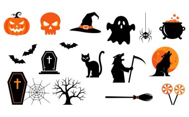 A set of halloween icons isolated on white background. Includes pumpkin, skull, witch hat, ghost, spider, cauldron, moon, wolf, cat, and other spooky elements.