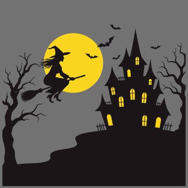 Dolunay ve yarasalarla dolu perili bir evin önünde süpürge sopasıyla uçan bir cadının silüeti. Cadılar Bayramı temalı tasarımlar ve çizimler için mükemmel.