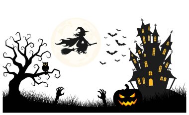 A spooky Halloween night scene with a witch flying on a broomstick, a haunted house, and zombie hands reaching out. Perfect for Halloween designs.