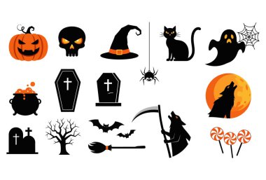 A set of Halloween icons isolated on white background for your design project. Includes pumpkin, skull, witch hat, cat, ghost, coffin, spider, moon and more.