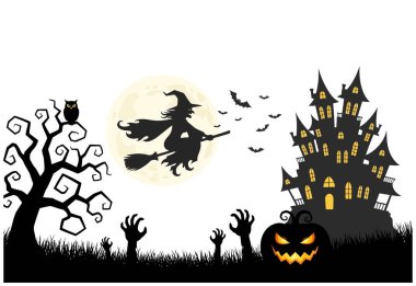 A Halloween night scene with a witch flying on a broom, a haunted house, a pumpkin, and zombie hands reaching out of the ground. Isolated on a white background.