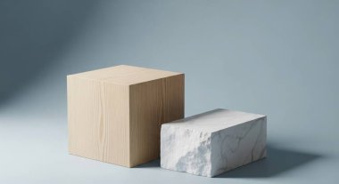 An abstract minimal scene features geometric forms with a wood and stone podium backdrop, ideal for product presentations and modern designs. Studio shot, nobody.
