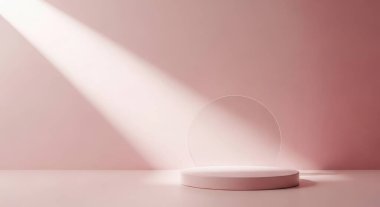 A minimal pink podium with sunlight is ideal for product presentation or showcase. The soft light and clean background create a modern and elegant aesthetic.