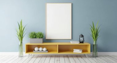 Bright interior with a blank frame mockup on a blue wall, a yellow cabinet, plants in vases and decorative objects. Modern and minimalist home design. 3d rendering.