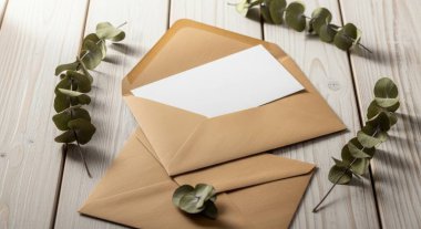 Blank card mockup inside an open envelope with eucalyptus leaves on a wooden table. Rustic and vintage style design for wedding invitation and greeting message. Flat lay.